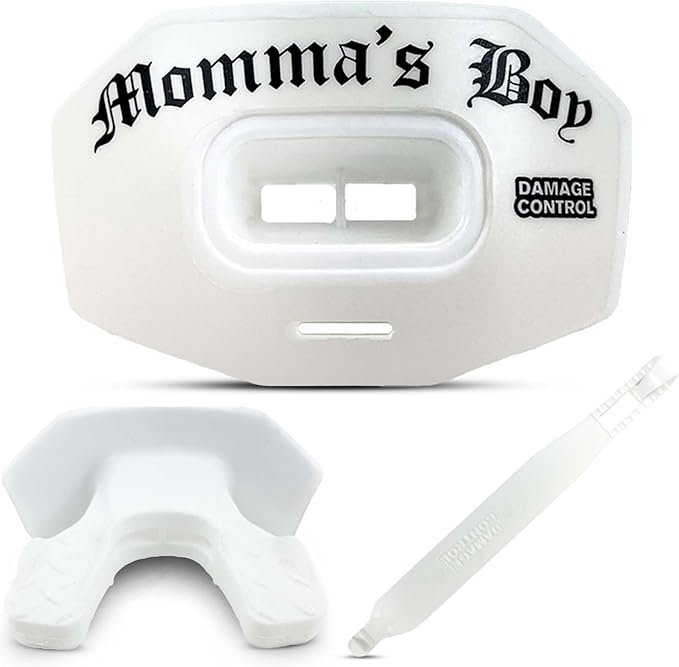 DAMAGE CONTROL Youth Football Mouth Guard – Breathable No Boil Mouthpiece, Protects Lips & Teeth, Works with Braces, Includes Helmet Strap – Sports Gear & Accessories (Momma's Boy)