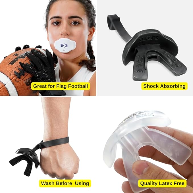 SLEEFS Football Mouth Guard - Youth Mouthguard with Strap - Lip/Teeth Protector Mouthpiece - No Boil - for Youth/Adults, Maximum Air Flow, for All Sports - Icarus Black