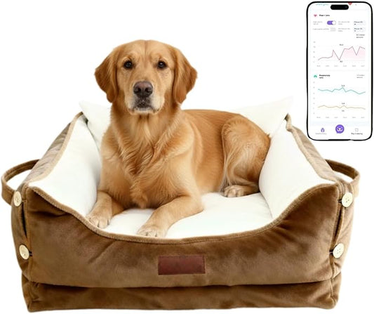 Smart Pet Bed with Health Monitoring System, Gray Orthopedic Dog Sofa, Digital Display, Heart Rate Detection, Sleep Tracking, Cloud Connected (Brown, X-Large)