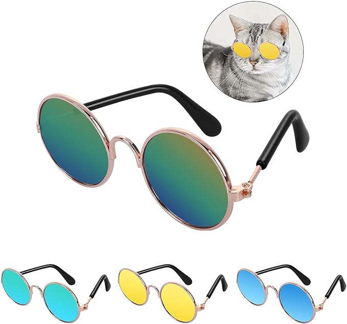 Pet Sunglasses- Cat UV Protection Classic Retro Small Dog Sun Glasses Dolls Round Sunglasses Party Cosplay Costume Photo Props Cute Funny Sunglasses (4Pcs)