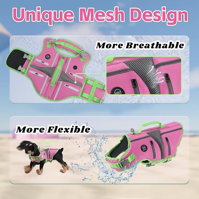 EMUST Dog Life Jacket,Dog Life Vest for Swimming,Small Dog Swim Vest,Lightweigth Adjustable Reflective Puppy Pet Float Life Preserver Vest,Pink,S