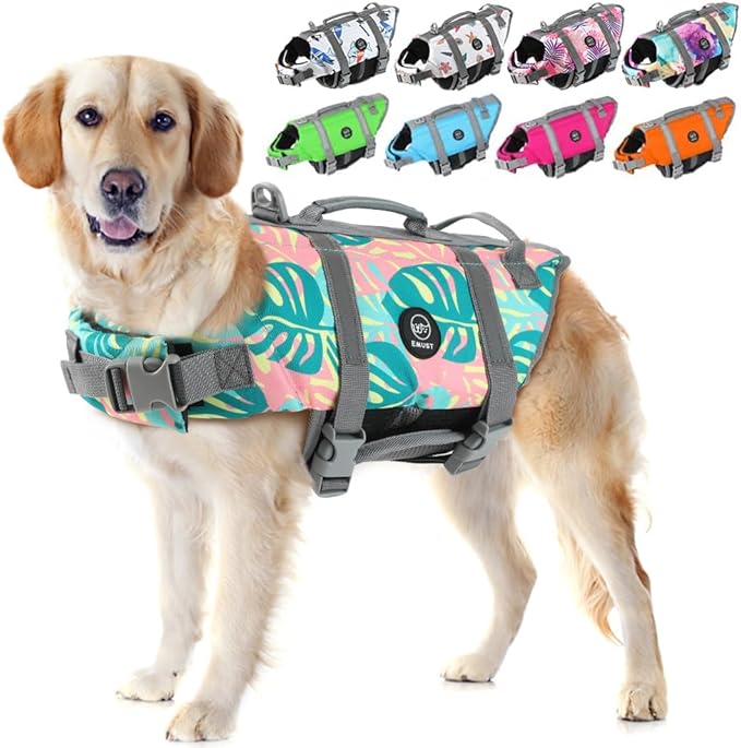 EMUST Dog Life Preserver, Dogs Life Vests for Swimming, Beach Boating with High Buoyancy, Dog Flotation Vest for Small/Medium/Large Dogs, L, Greenleaf