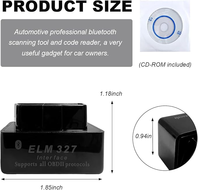 OBDII Car Auto Diagnostic Scanner, ELM327 Automotive Bluetooth Scan Tool and Code Reader, Professional Car Bluetooth Engine Fault Code Reader, Universal Car Accessories (Black)