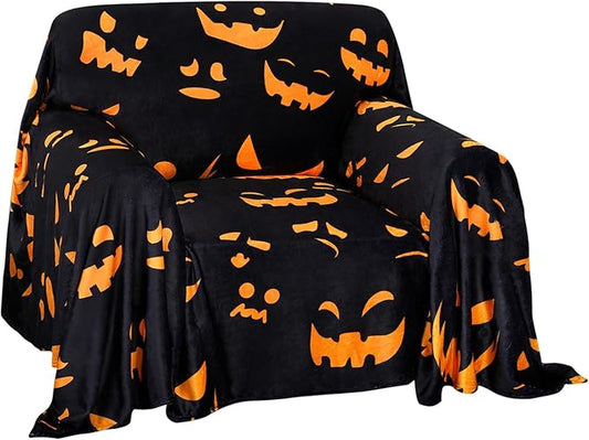 Easy-Going 80X102 inches Halloween Chair Sofa Cover, Jacquard Velvet Couch Slipcover for 1 Cushion Couch, L Shape Sectional Covers for Dogs, Washable Sofa Blanket, Furniture Protector