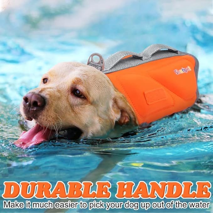 Dog Life Jacket for Large Dogs, Dog Life Vest for Swimming with Three Fashion Fabric Patches, Pet Safety Lifepreserver with Reflective Stripes and Two Rescue Handle, Dogs Flotation Vest, XL