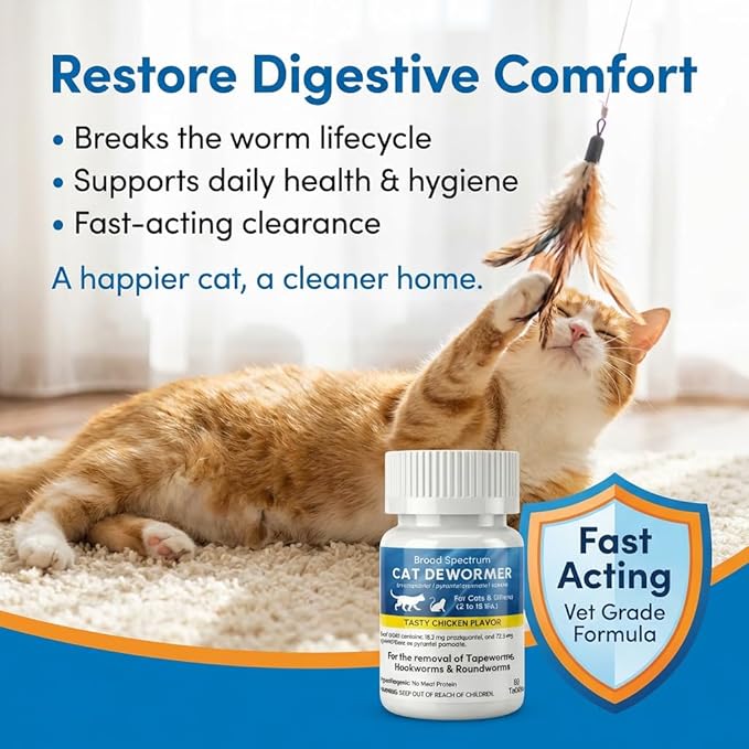 Broad Spectrum Dewormer for Cats and Kittens – Praziquantel and Pyrantel Pamoate Tablets – Removes Tapeworm, Roundworm & Hookworm – Fast Acting Formula (50 Tablets)