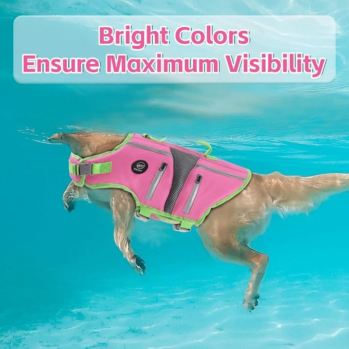 EMUST Dog Life Vest, Adjustable Large Dog Safety Vest with Reflective Stripes, Ripstop Life Jacket for Pets for Swimming with Superior Buoyancy, Pink, L