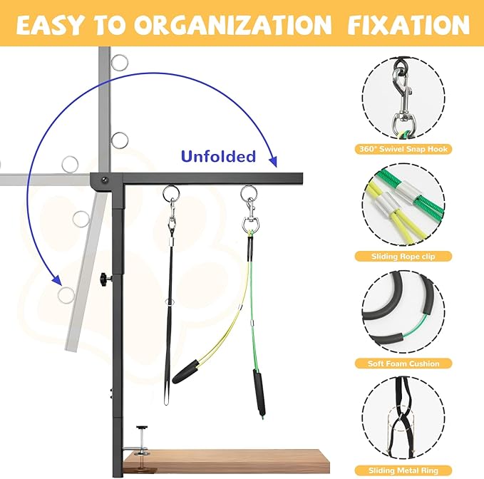 Foldable Dog Grooming Arm : Adjustable Height 26-40 - for Dog Grooming Table - with Dog Grooming Hammock & No-Sit Holders-Grooming Restraint for Small Medium Dogs at Home or Salon