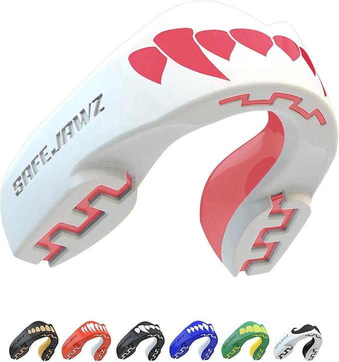 SAFEJAWZ Mouth Guard, Dual Layer Mouthguard for Adults with Case, Easy Fit Remoldable Mouthpiece for Football, Boxing, Lacrosse, MMA, Basketball & All Contact Sports (Adult 12+ Years, Pink Fangz)
