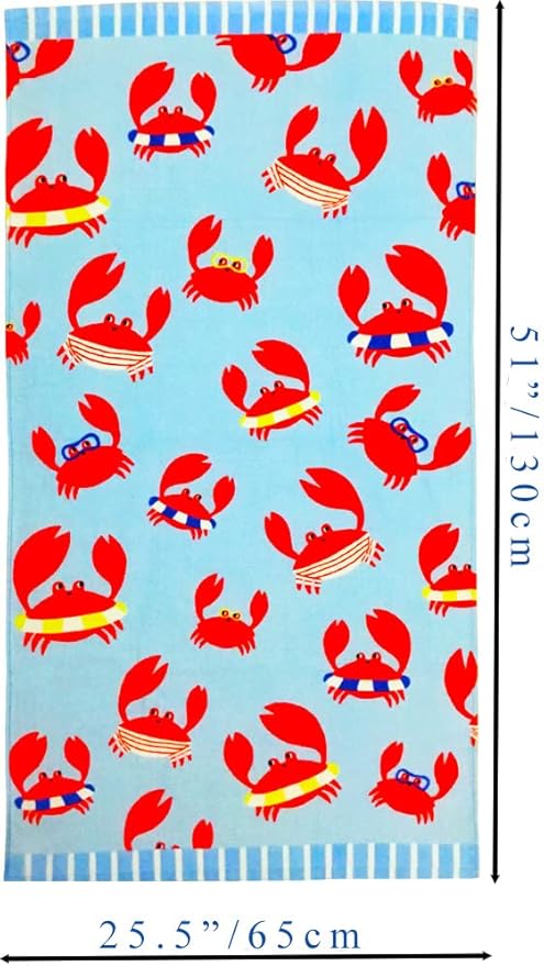 YIFONTIN Beach Towel for Kids Velour Terry Blanket Throw 100% Cotton 25.5X51 inches for Swimming Bath Travel Camping and Picnic, Red Crab.