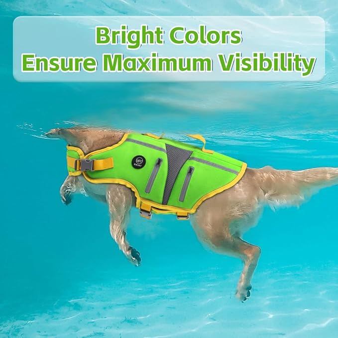 EMUST Dog Life Jacket, Dog Water Vest with Breathable Mesh, High Visibility Pet Safety Vest for Small Medium Large Dogs, PFD for Small Medium Large Dogs, Green, S