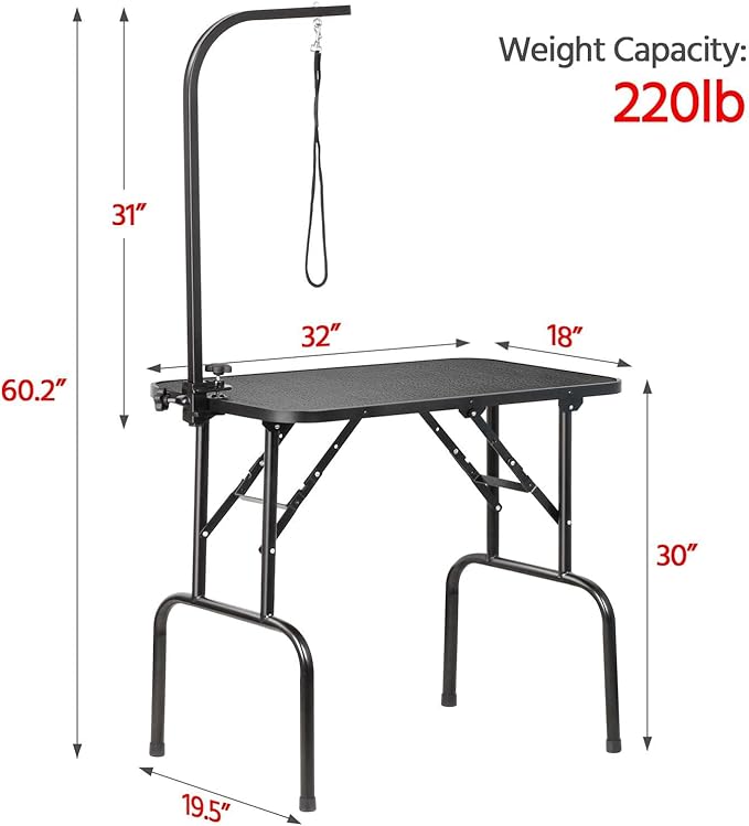 Yaheetech 32-inch Foldable Pet Dog Grooming Table with Adjustable Height Arm Drying Table for Home w/Noose for Small Dogs Cats Non-Slip Maximum Capacity Up to 220lbs Black