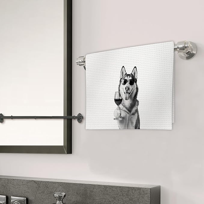 Husky Gifts Wine Dog Kitchen Towels, Gifts for Husky Dog Wine Lovers Decorative Hand Dish Towel for Kitchen Home Bar, Funny HuskyDog WineLover Home Bar Kitchens Decor(16x24 Inch)