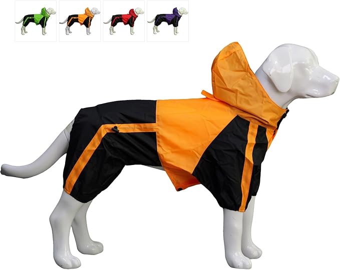 Lovelonglong Dog Hooded Raincoat, Large Dog Rain Jacket Poncho Waterproof Clothes with Hood Breathable 4 Feet Four Legs Rain Coats for Small Medium Large Pet Dogs Orange L-XS