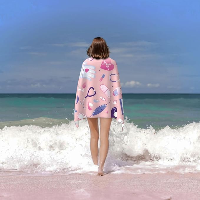 Nurse Pattern Beach Towel Pink Sand-Free Microfiber Bath Towel Ultra Soft Quick Dry Pool Towel Absorbent Towel Lightweight Towel Gifts for Outdoor Bathroom Swimming Decor 31inx51in