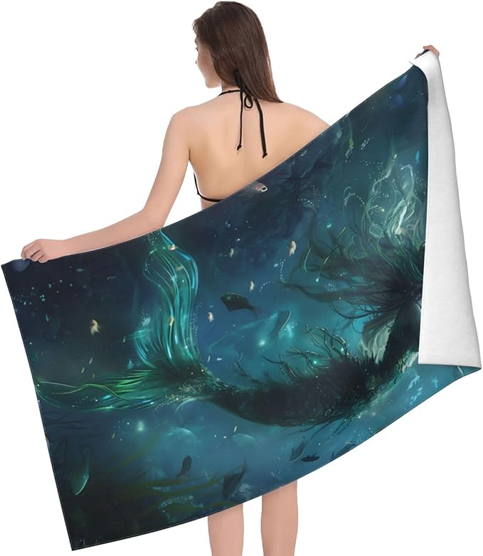 Mermaid Beach Towel 31inx51in, Ocean Sand-Free Microfiber Bath Towel Ultra Soft Quick Dry Pool Towel Absorbent Towel Lightweight Towel for Swimming Bathroom Decor