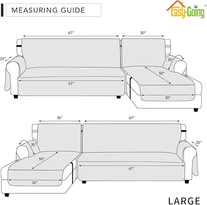 Easy-Going Waterproof Sectional Couch Covers with Chaise 2-Piece Non Slip L Shape Sofa Cover for Dogs Leakproof Furniture Protector Cover with Adjustable Strap for Pets (Large, Black)