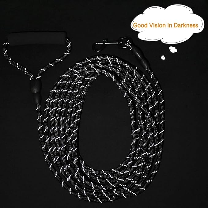 Vivifying Long Dog Leash, 20ft Reflective Dog Training Leash for Outside and Yard, Floating Long Line Lead with Soft Handle for Beach and Swimming (Black)