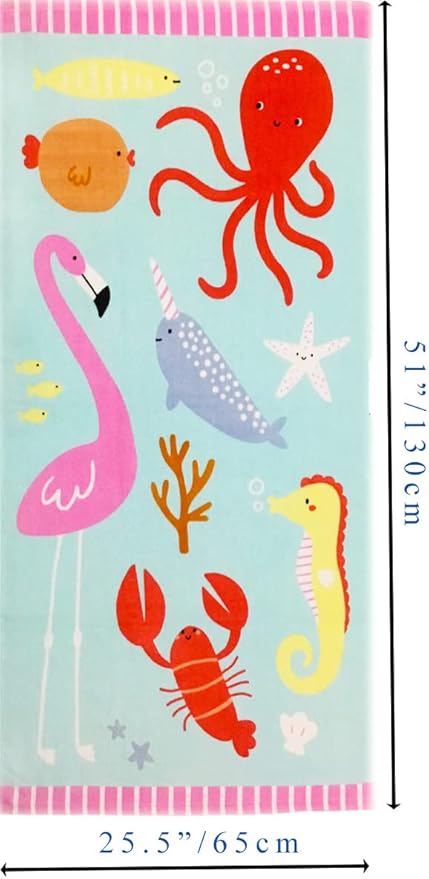YIFONTIN Beach Towel for Kids Velour Terry Blanket Throw 100% Cotton 25.5X51 inches for Swimming Bath Travel Camping and Picnic, Flamingo Lobster Octopus.