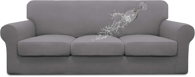 Easy-Going 100% Dual Waterproof 4 Pieces Stretch Soft Couch Cover for Dogs, Sofa Slipcover for 3 Separate Cushion Couch Leakproof Furniture Protector for Kids, Pets Light Gray