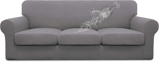 Easy-Going 100% Dual Waterproof 4 Pieces Stretch Soft Couch Cover for Dogs, Sofa Slipcover for 3 Separate Cushion Couch Leakproof Furniture Protector for Kids, Pets Light Gray