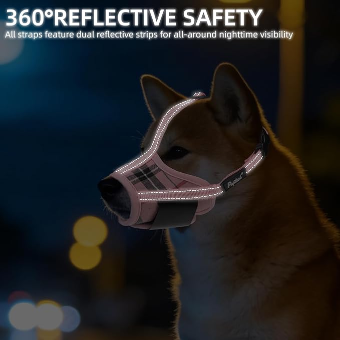 PUPTECK Dog Muzzle, Soft Adjustable Loop Reflective Pets Muzzle Prevent Biting Barking Chewing, Breathable Muzzle with Air Mesh Dog Mouth Guard Drinkable for Large Medium Small Sized, Pink Plaid L
