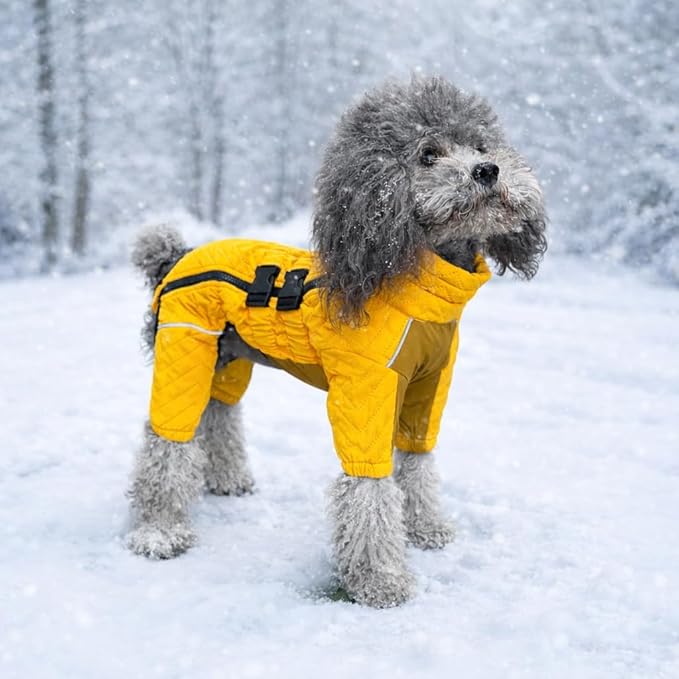 Lovelonglong Warm Dog Coat Double Layers Dog Vest, 4 Legs Covered Windproof Waterproof Reflective Warm Dog Vest Outdoor Skating Dog Costume for Corgis Dachshund Dog Yellow D-M