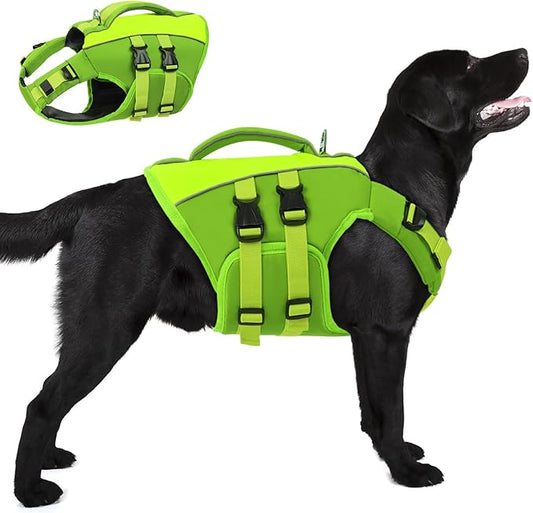Queenmore Dog Life Jacket,Life Vest for Extra Large Dogs,Adjustable Reflective Dog Swimming Vest,Superior Buoyancy Dog Lifesaver,High Floating Pet Life Vest for Swimming(Green,2XL)