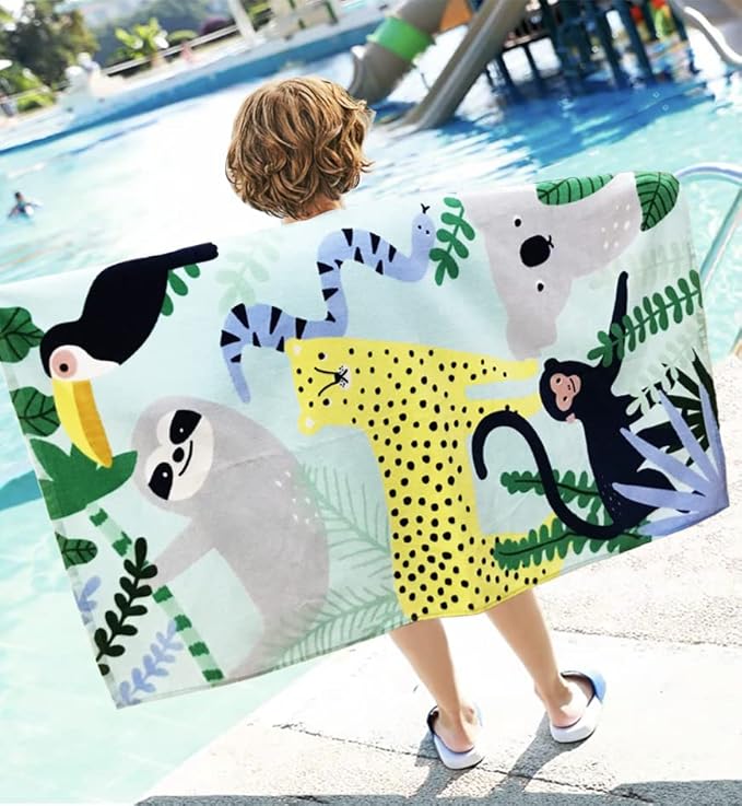 YIFONTIN Kids Beach Towel Velour Terry Blanket Throw 100% Cotton 25.5X51 inches for Swimming Bath Travel Camping and Picnic, Leopard Monkey Koala Ramphastos Taco.