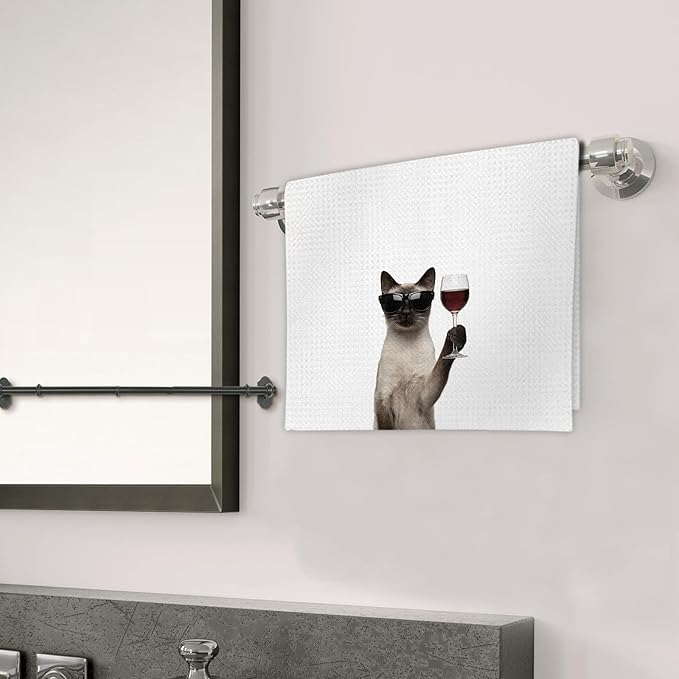 Siamese Cat Gifts Wine Kitchen Towels Set of 2, Funny Cats Martini Lover Decorative Hand Dish Towel for Kitchen Home Bar, Gift for Siamese Cat Martini Wine Lovers Home Bar Decor(16x24Inch)