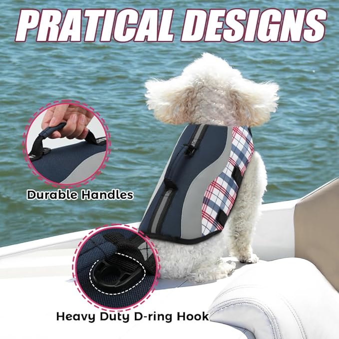 EMUST Life Vests for Dogs, Lightweight Small/Medium/Large Dog Life Preserver for Swimming/Boat/Water, Navy Check, XL