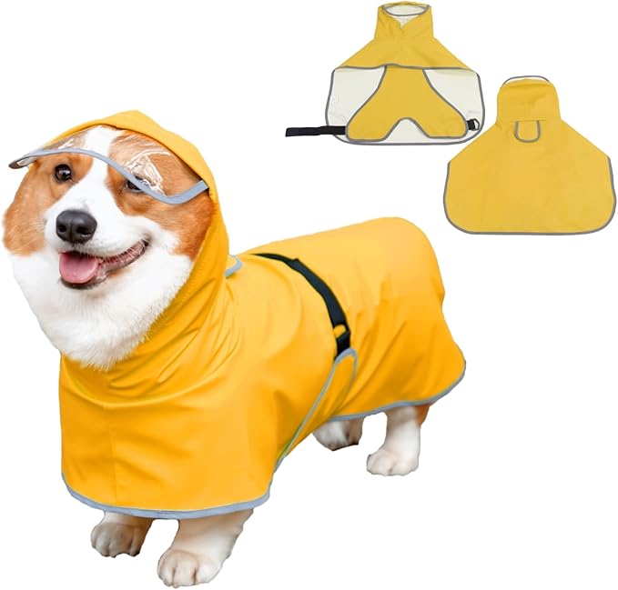 Dog Poncho Hooded Raincoat for Puppies & Small to Large Dogs, Reflective Strips for Night Safety, Lightweight & Adjustable Fit (Medium, Yellow)
