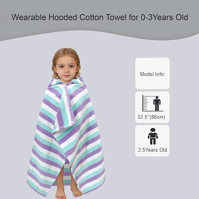 VOOVA & MOVAS Toddler Hooded Bath Towels 0-3T, 25''X40, Soft | Thick | 100% Cotton | Absorbent Towel Wrap for Baby, Perfect for Beach, Pool, Bath, Swimming,Blue Purple Stripe