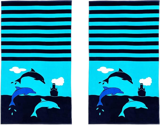 YIFONTIN 2 Pieces Beach Towels Velvet Terry Blanket Throw Soft Water Absorption Extra Large XL 34x63 inches 100% Cotton for Bath Swimming Travel Camping and Picnic, Dolphin Vessel.
