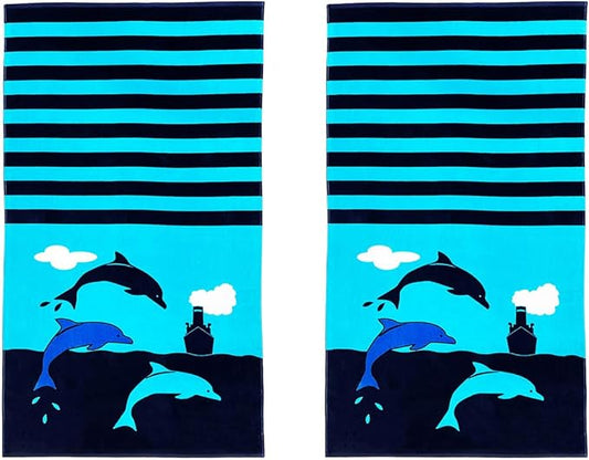 YIFONTIN 2 Pieces Beach Towels Velvet Terry Blanket Throw Soft Water Absorption Extra Large XL 34x63 inches 100% Cotton for Bath Swimming Travel Camping and Picnic, Dolphin Vessel.