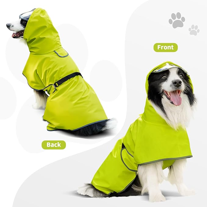 Dog Raincoat, Waterproof Windproof Dog Rain Jacket with Hood, Rain Coat with Leash Hole, Adjustable Raincoat Poncho for Small Medium Large Dogs Outdoor (Neon Yellow, XS+)