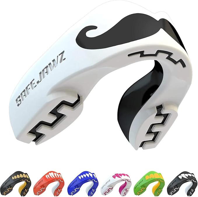 SAFEJAWZ Mouth Guard, Dual Layer Mouthguard for Youth with Case, Easy Fit Remoldable Mouthpiece for Football, Boxing, Lacrosse, MMA, Basketball & All Contact Sports (Kids <11 Years, Mo White)