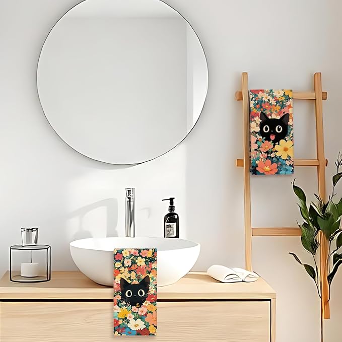 Black Cat Flower Spring Kitchen Towels and Dishcloths Set of 2, Cute Decorative Hand Towel Drying Cloth for Bathroom, Gifts for Cat Lovers, Hostess, Women, 16x24 Inches -21