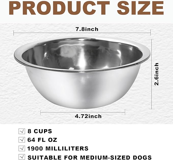 12 Pcs 8 Cup Metal Dog Bowls Travel Kennel Food and Water Dish for Medium Large Size Dogs Cats, 64 Oz Thickened Stainless Steel Bowls