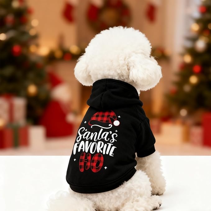 EXPAWLORER Dog Christmas Hoodie - Dog Christmas Sweater Xmas Sweatshirt with Santa Hat Print, Warm Fleece Lined Holiday Pet Outfit with Leash Hole, Cozy Soft Pet Clothes for Small Dogs Cat Puppy, S