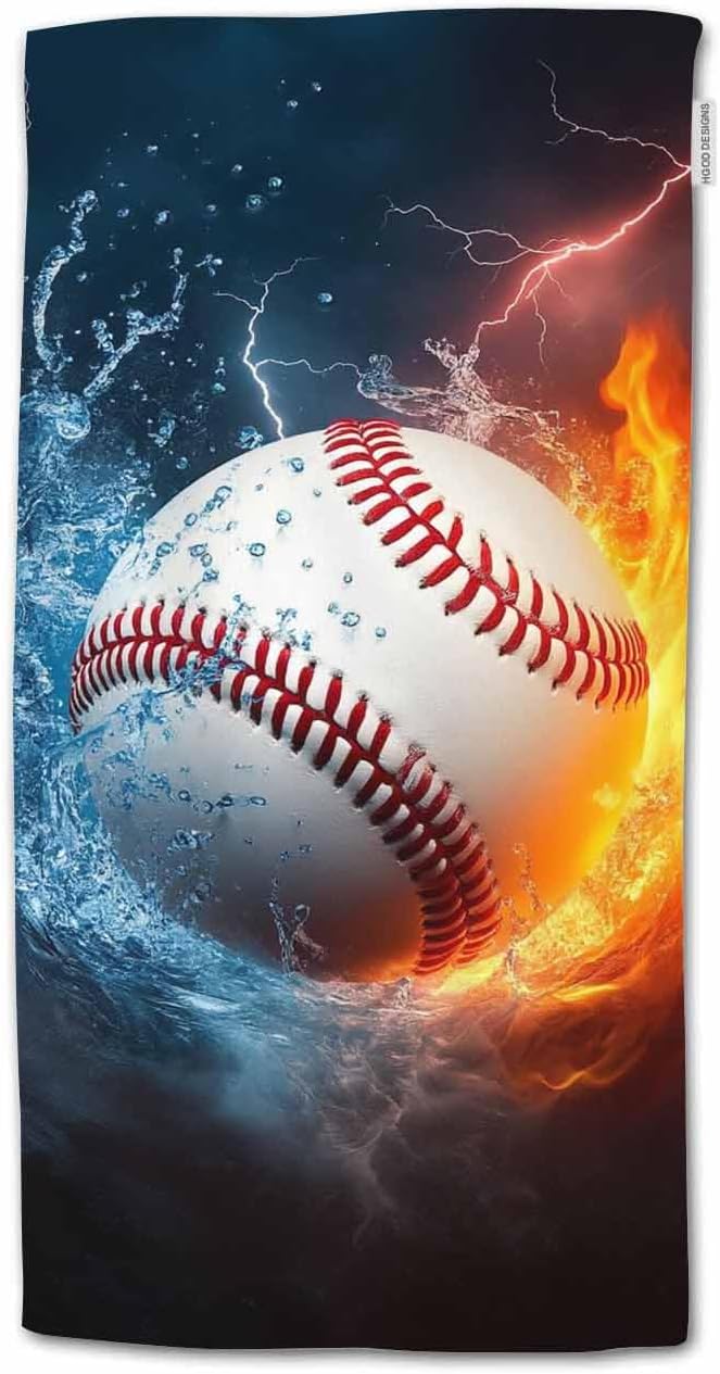 HGOD DESIGNS Baseball Hand Towels Summer USA Sport Ball in Burning Fire Flame and Water Soft Hand Towel for Bathroom Kitchen Yoga Gym Decorative Towels 15"X30"