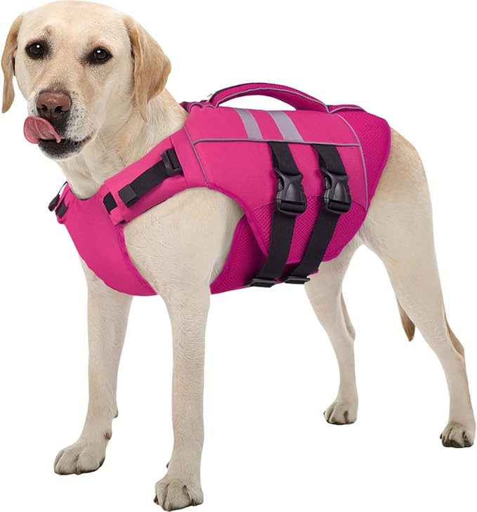 Kuoser XL Dog Life Jacket, Large High Flotation Dog Life Vest for Swimming Boating, Reflective Dog Swimming Vest Pet Life Preserver with Rescue Handle, Rose XL