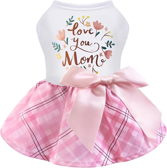 Idepet Dog Dress Love You Mom, Mother's Day Dog Dresses Puppy Skirt Pet Apparel Daisy Sleeveless Holiday Clothes for Small Dogs Girls and Cats, Pink Plaid, Large