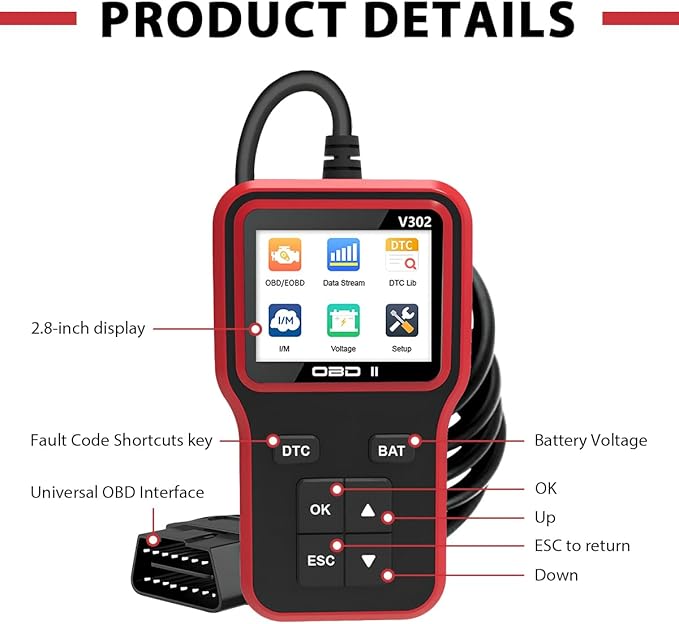 OBD2 Scanner with Battery Tester, Car Diagnostic Tool for Checking Engine Light & Clearing Error Codes, OBDII Code Reader Fault Diagnosis Scan Tool for Vehicles After 1996