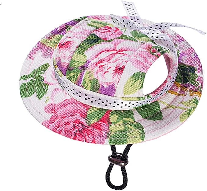 Round Brim Princess Hat Visor Hat Pet Dog Mesh Porous Sun Hat with Ear Holes for Small, Extra Small Dog Teddy, Pug, Chihuahua, Shih Tzu, Yorkshire Terriers, Papillon Flower L