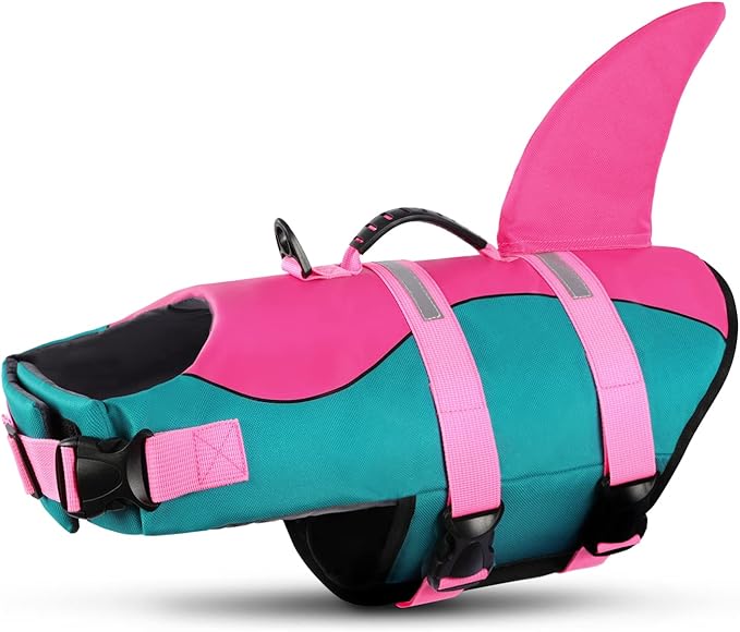 Queenmore Dog Life Jacket,Dog Life Vest for Swimming,Dog Shark Life Jacket with Rescue Handle,Adjustable Reflective Dog Life Preserver for Extra Large Dog,Green 2XL