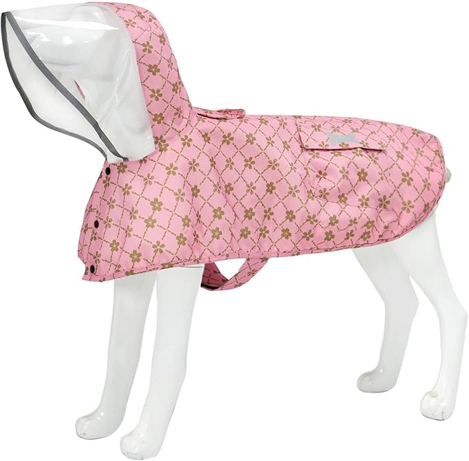 Waterproof Dog Raincoat, Adjustable Reflective Lightweight Pet Rain Clothes with Poncho Hood (Gold Cheery Blossoms Pink, XX-Large)
