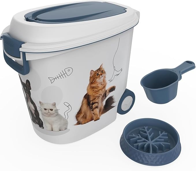 DRATO Pet Food Storage Container with Wheels Resin 30LB Capacity Dog Food Container with Slow Feeder Bowl and Scoop Easy to Move to Keep Food Fresh for Dogs, Cats, Birds