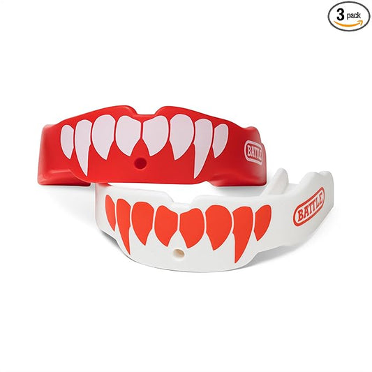 Battle Fangs Football Mouthguard – Sports Mouth Guard with Removable Strap – Protector Mouthpiece Fits with or Without Braces on Teeth – Adult & Youth Mouth Guard Sizes, 2 Pack