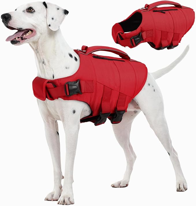 Kuoser Dog Life Jacket, High Flotation Dog Life Vest for Swimming Boating, Adjustable Small Medium Large Dogs Swim Vest with Rescue Handle and Pocket, Reflective Safety Pet Lifejacket Floats for Pool